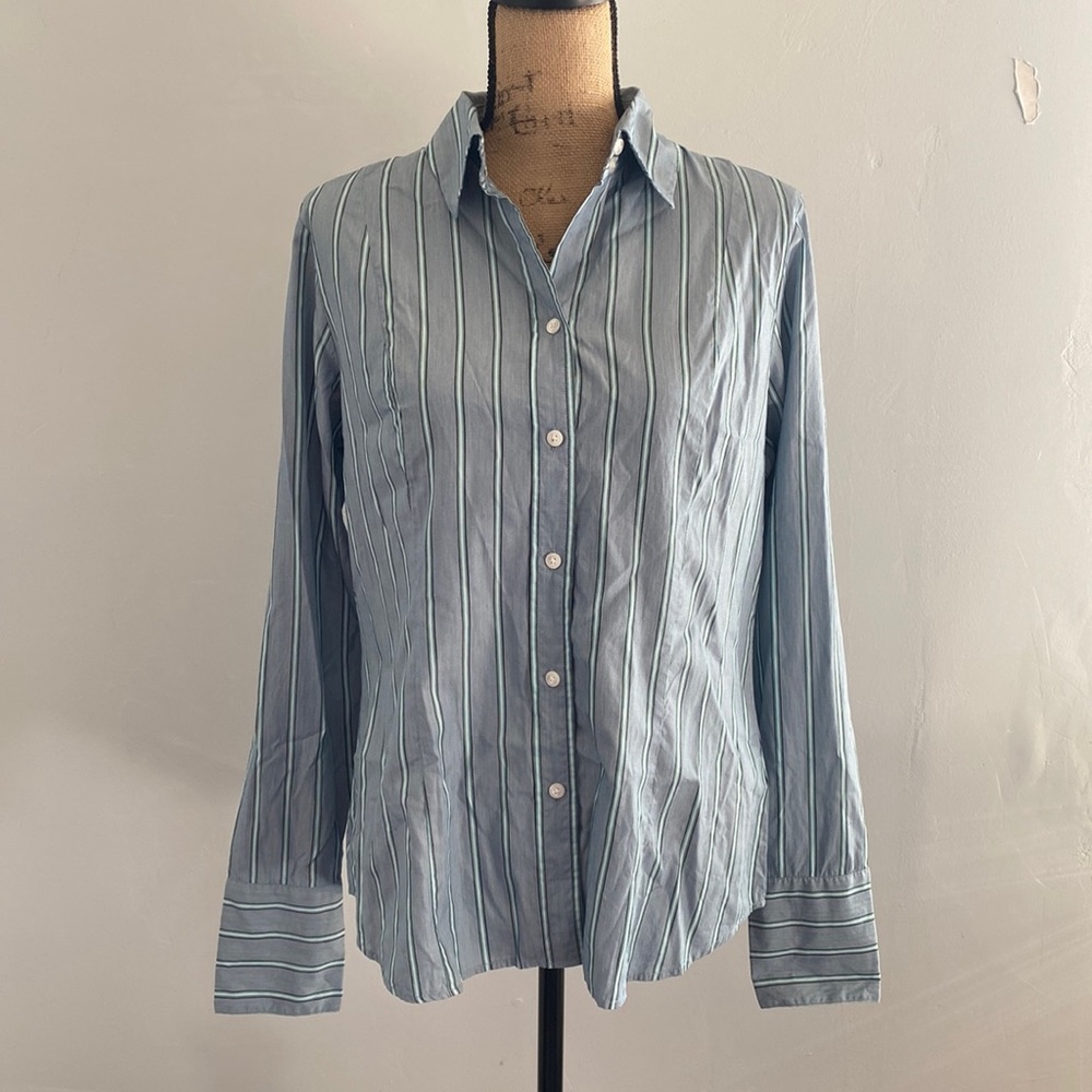 Pendleton Silk Cotton Blend Blue Striped Button Down Blouse Size 10 NWOT